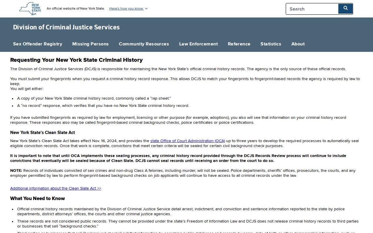 Rockland County criminal history DCJS Personal Record Review page